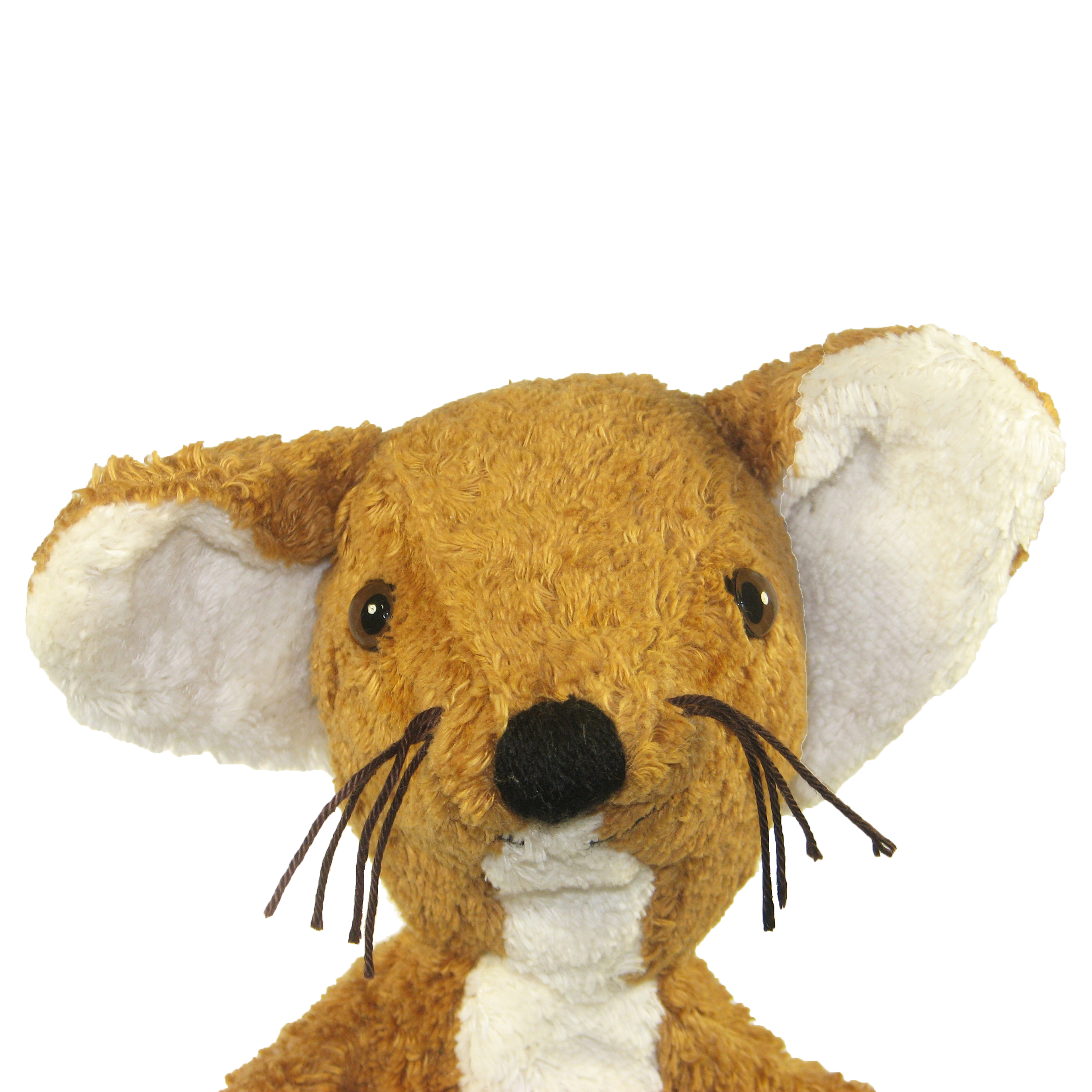 Kallisto Handpuppe Fuchs, Nahaufnahme des Gesichts mit spitzen weißen Ohrinnenseiten, schwarzer Nase und feinen Schnurrhaaren