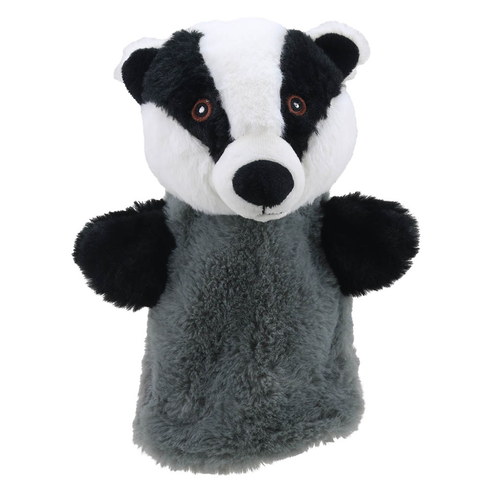 The Puppet Company Handpuppe Dachs, schwarz-weißer Kopf mit grauem Körper, Frontansicht
