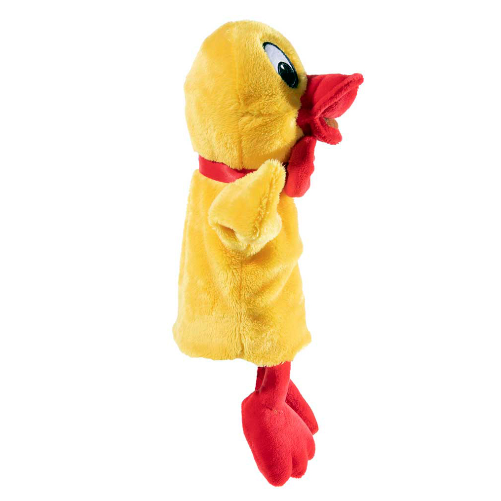 Heunec Handpuppe Ente Schnatterinchen, gelbe Plueschpuppe mit erhobenem Fluegel und rotem Schnabel im Profil