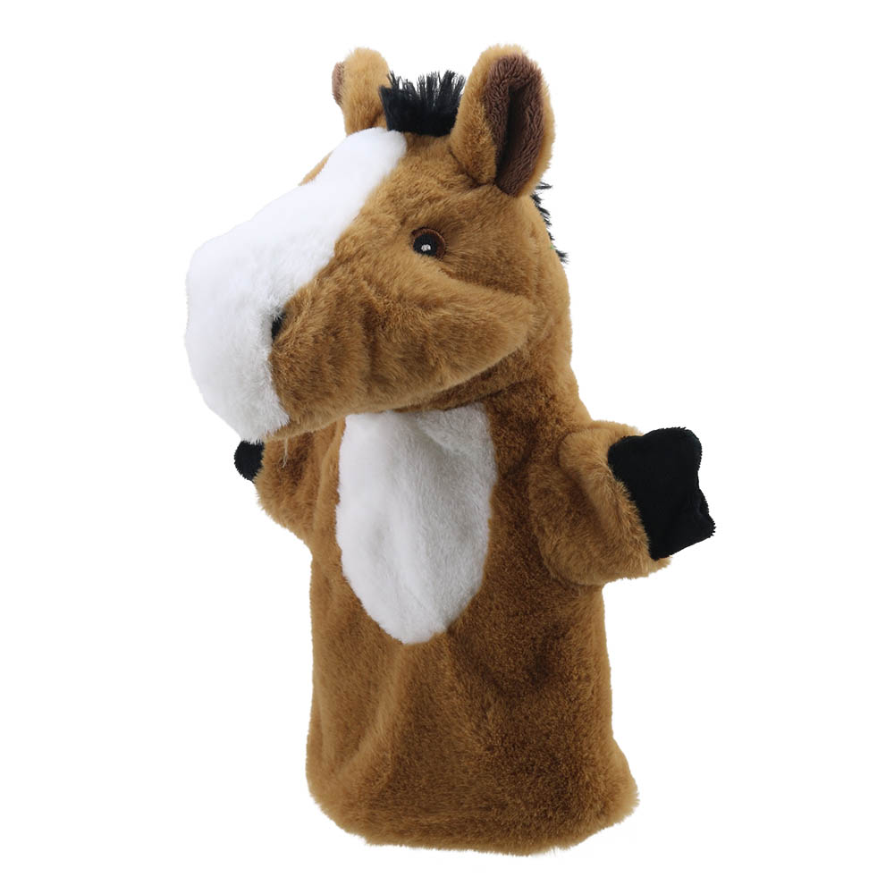 The Puppet Company Baby-Handpuppe Pferd, braunes Pferd mit weißem Gesicht und schwarzer Stirnmähne, Nahaufnahme