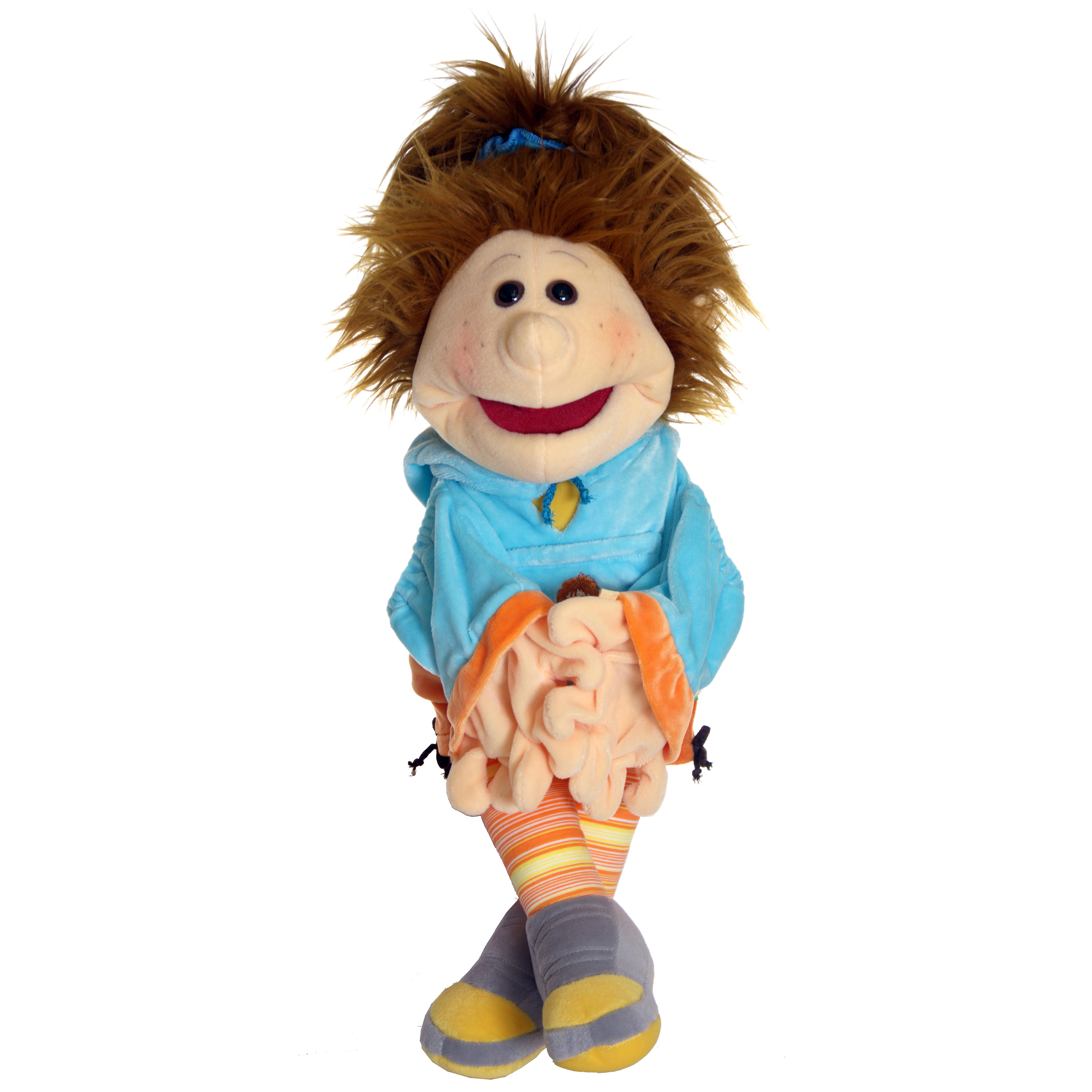 Living Puppets Handpuppe Kleines Gretchen mit zerzausten braunen Haaren, hellblauem Kapuzenpullover, gestreiften Kniestrümpfen und grauen Schuhen, sitzend