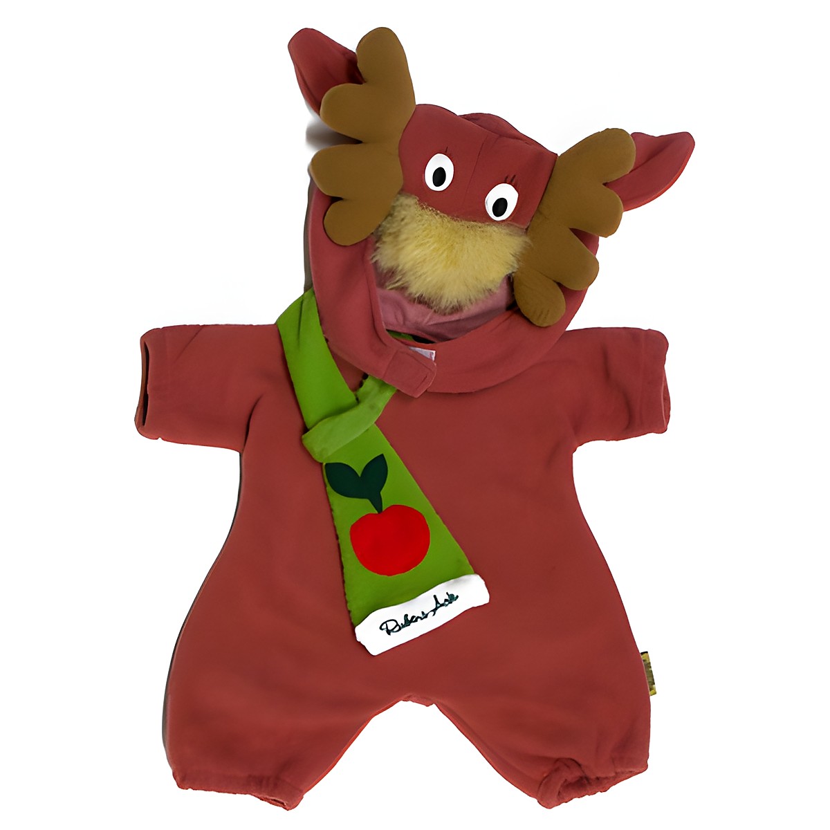 Elch-Outfit für Rubens Ark und Kids Puppen: rotbrauner Overall mit Elch-Kapuze und grünem Apfel-Schal