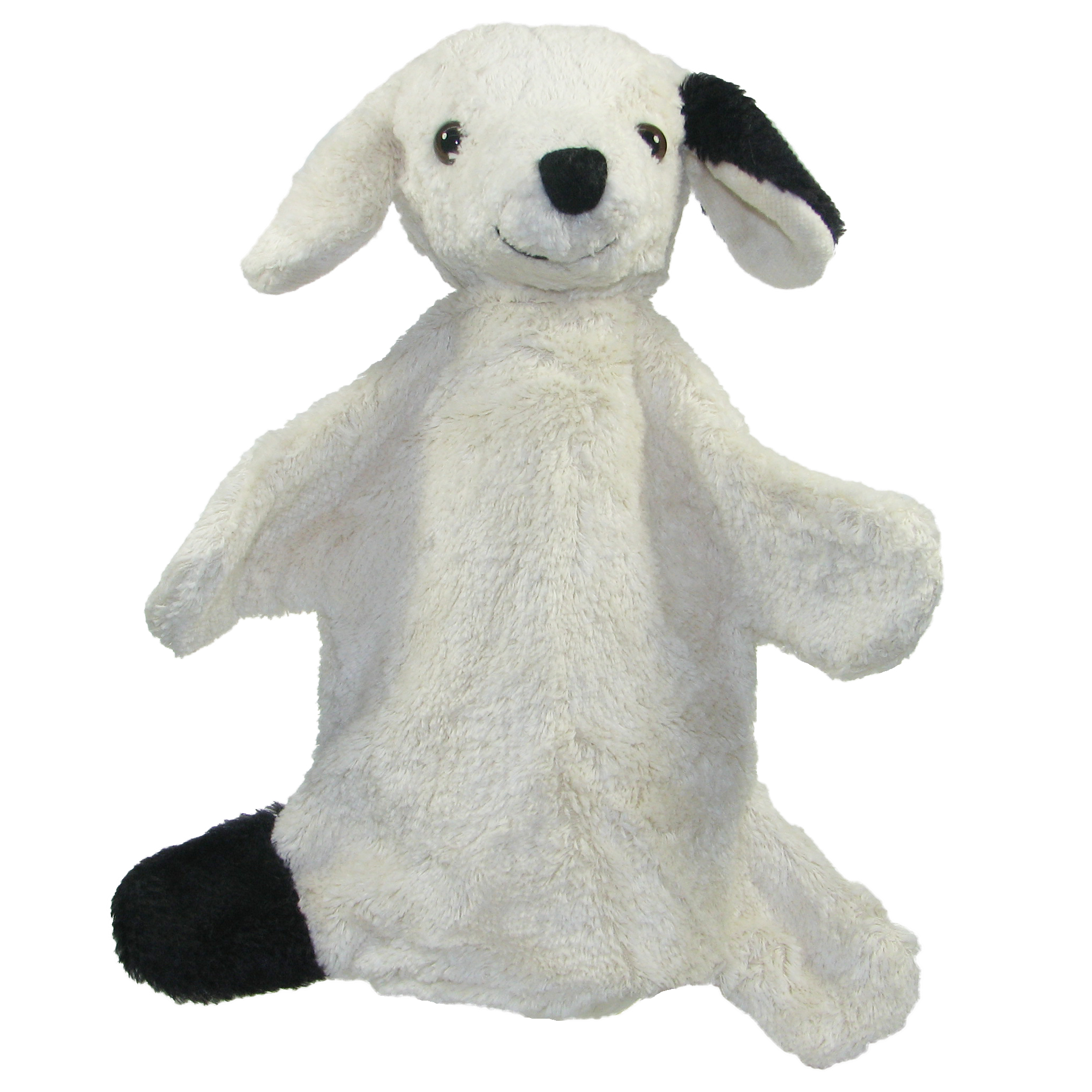 Kallisto Handpuppe Hund Bello Frontansicht, cremeweiße Handpuppe aus Naturmaterial mit schwarzem Ohr und schwarzer Pfote