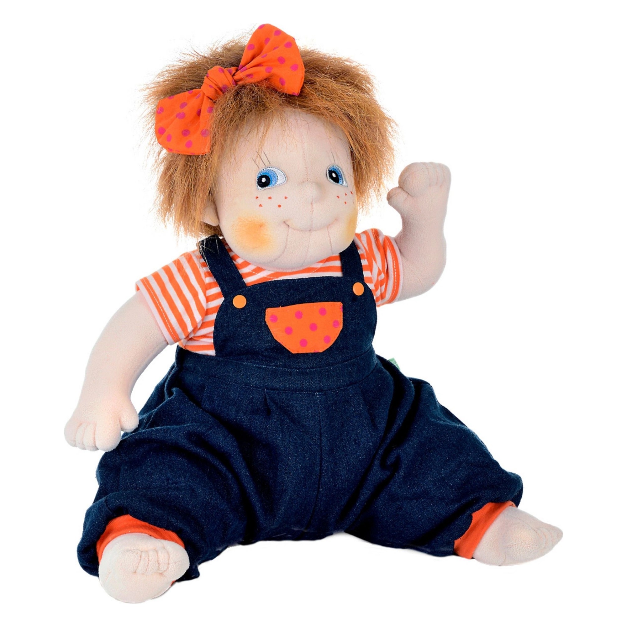 Rubens Barn Original doll Anna with freckles, orange hair bow and denim dungarees