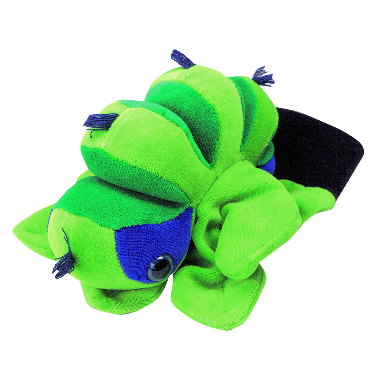 Beleduc hand puppet caterpillar with a green, segmented body and blue eye markings
