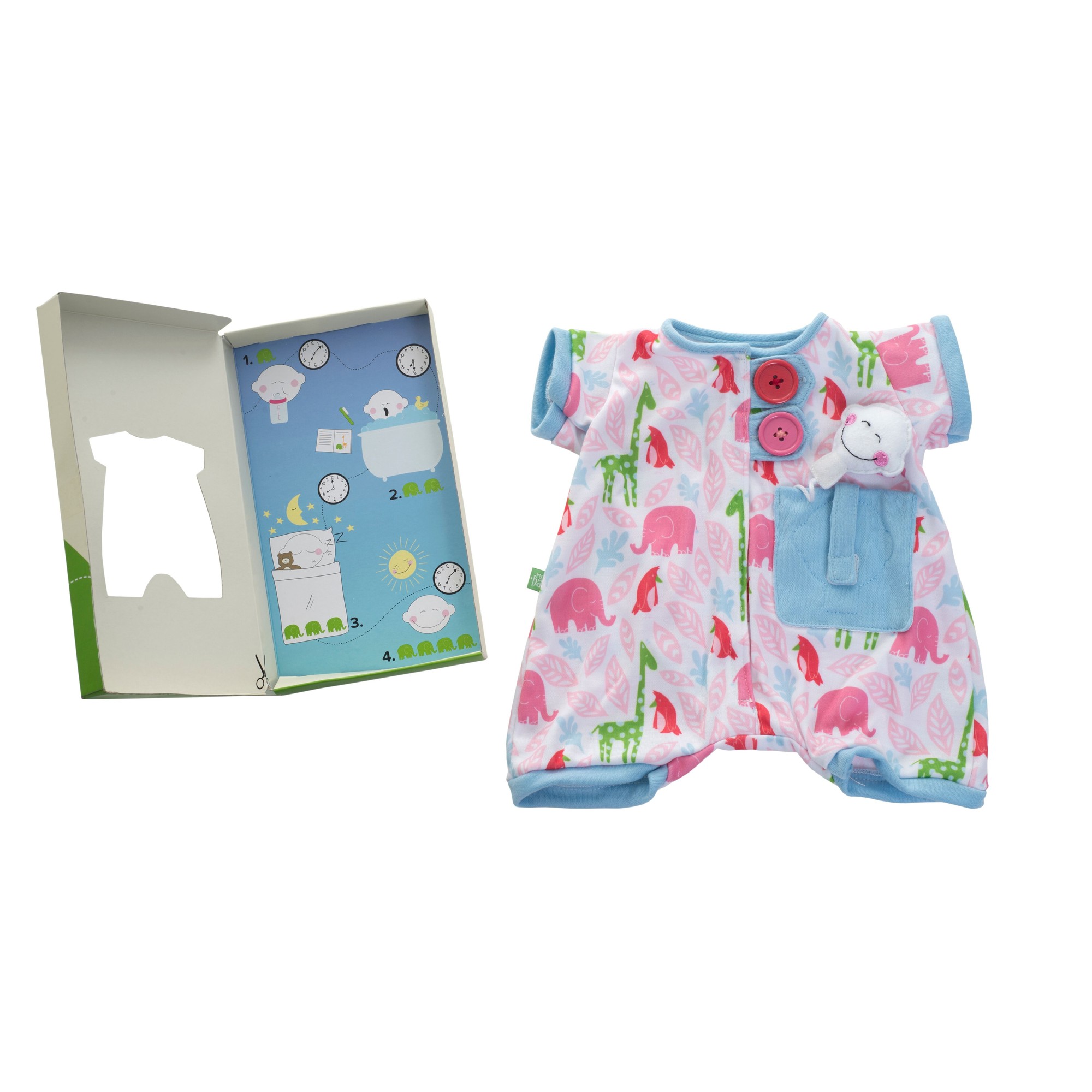 Pocket-Friends-Schlafanzug in Pink von Rubens Barn mit Taschentierchen neben der Geschenkbox