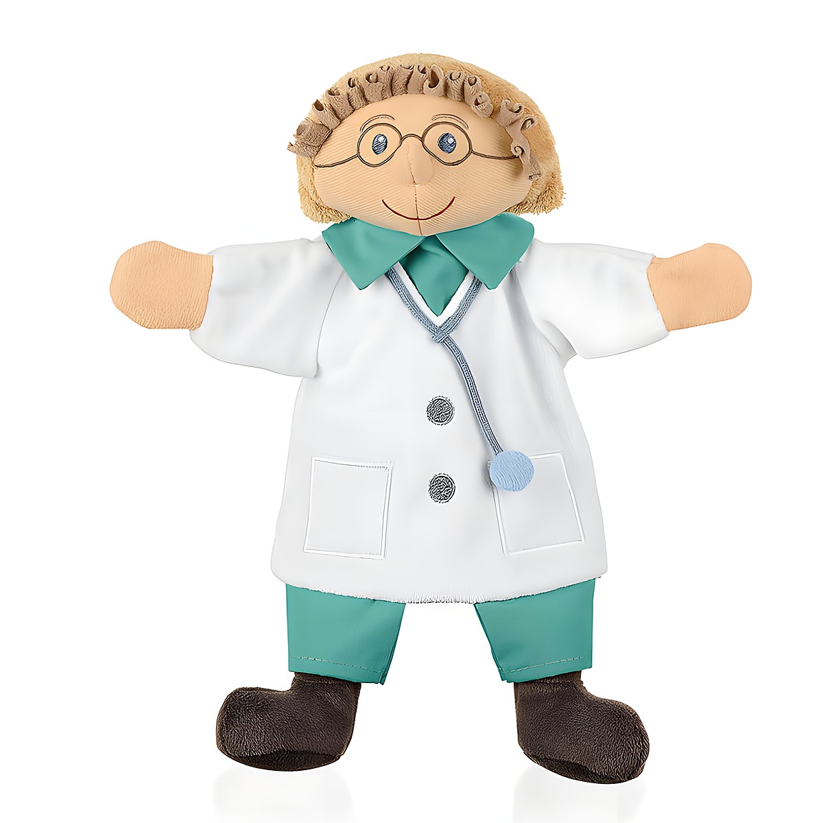 Sterntaler Baby-Handpuppe Arzt, weißer Kittel mit türkisem Kragen, Stethoskop und runder Brille