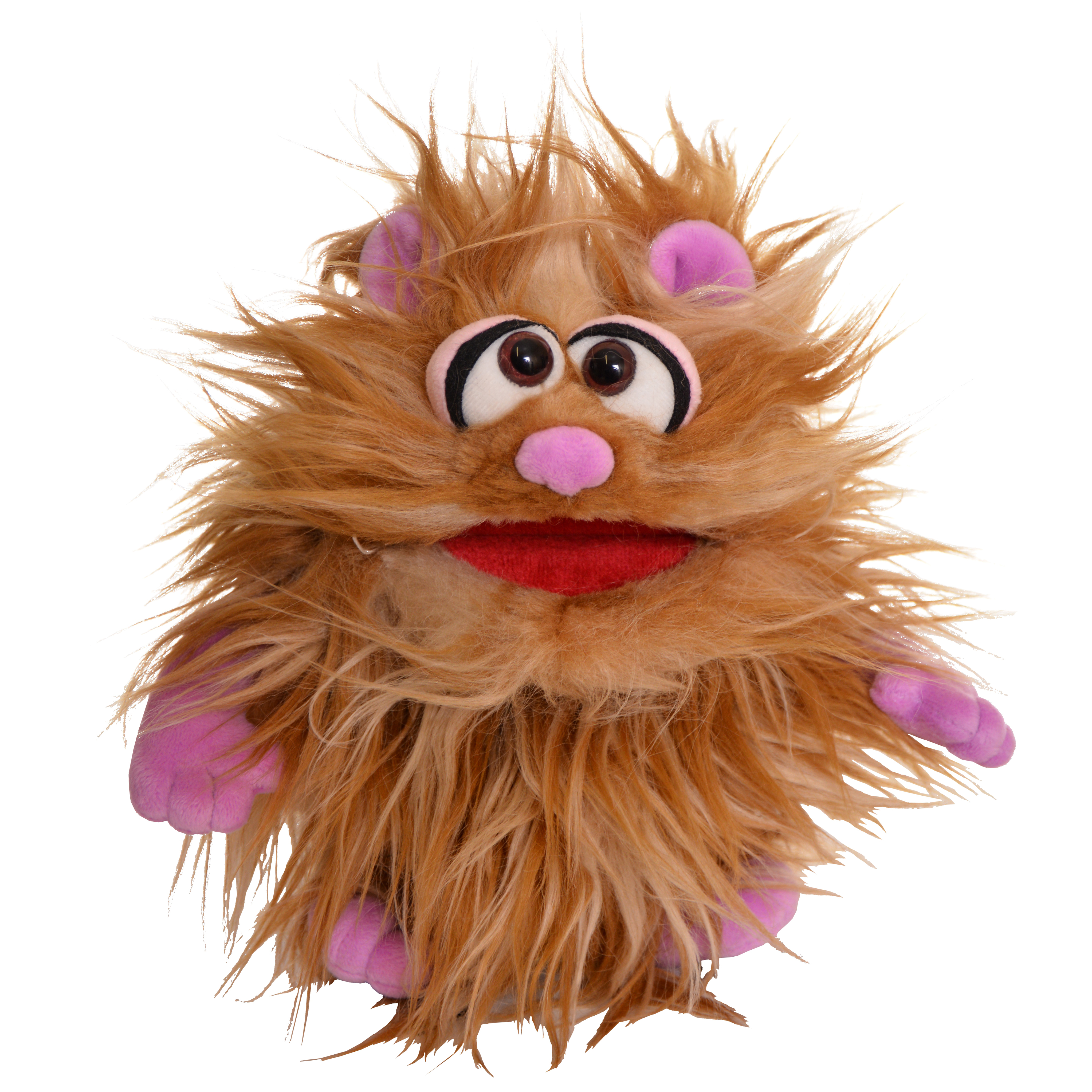 Living Puppets Handpuppe Tute aus der Serie Monster to go, hellbraunes Zottelmonster mit rosa Ohren, Nase und Händen, Frontansicht
