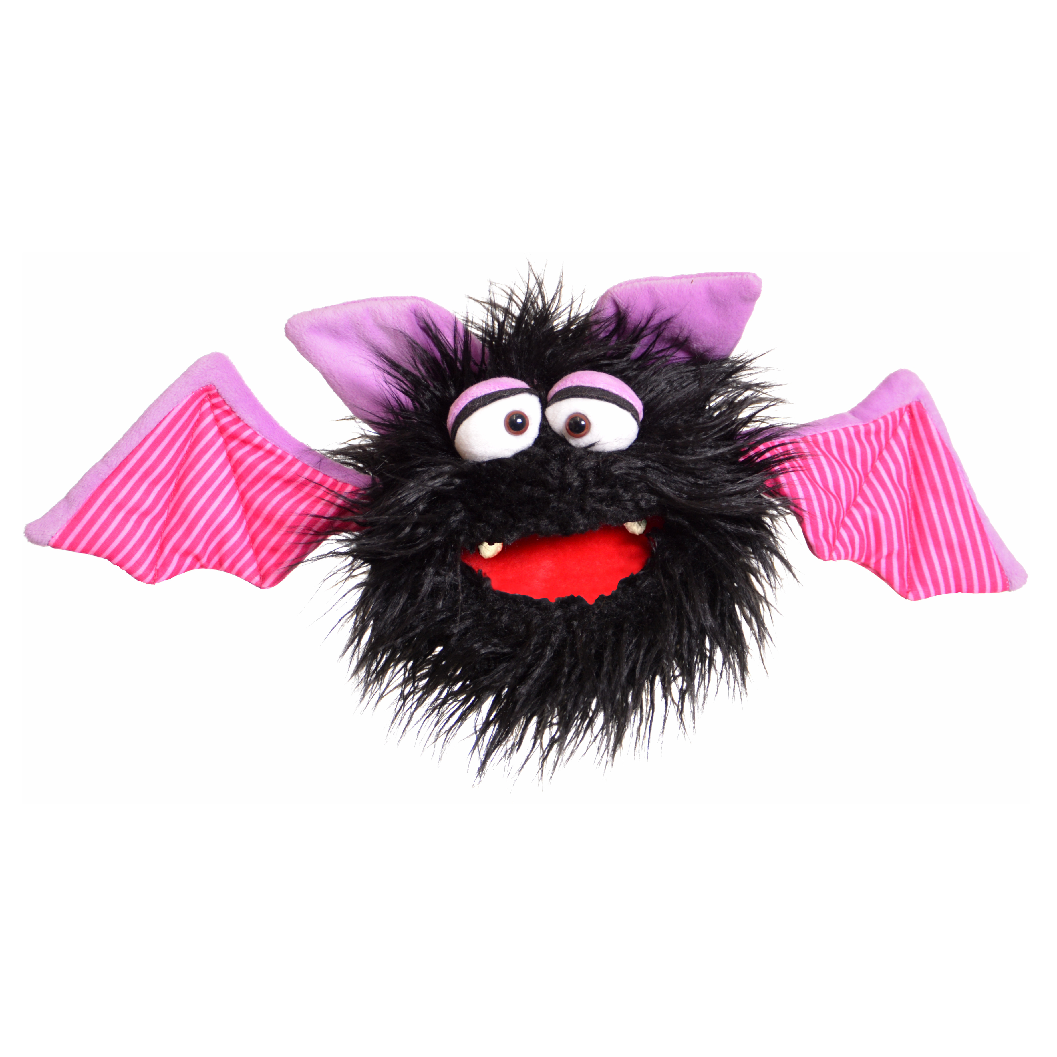 Living Puppets Handpuppe Schnips die Fledermaus mit schwarzem Zottelfell, rosa gestreiften Flügeln und geöffnetem rotem Mund