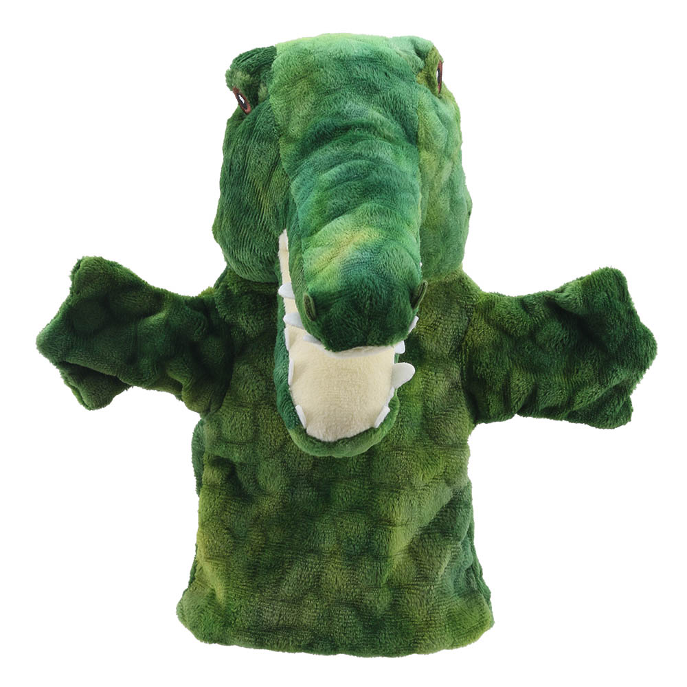 The Puppet Company Handpuppe Krokodil, grünes Krokodil mit weit geöffnetem Maul und ausgestreckten Armen, Frontansicht
