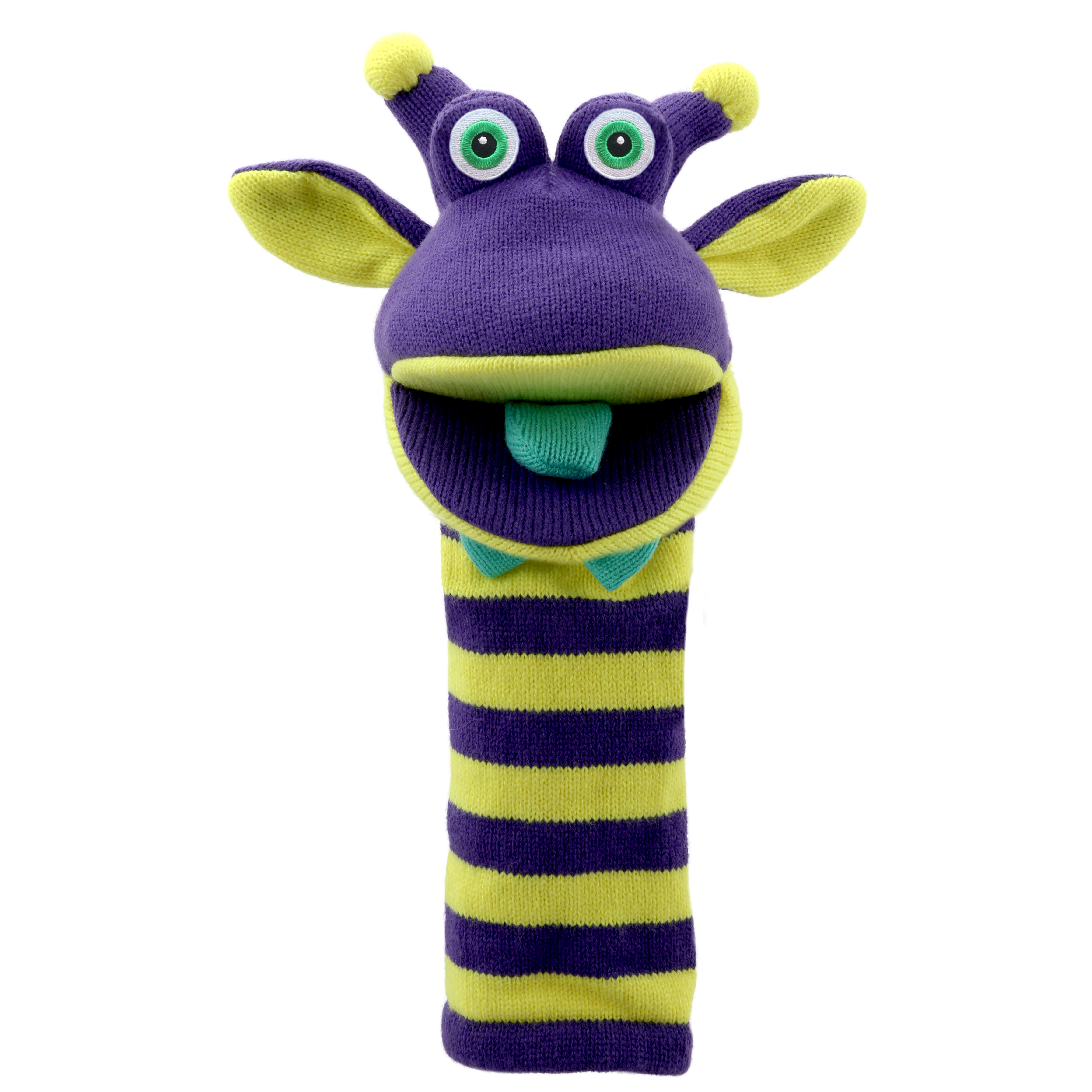 The Puppet Company sock puppet Rupert, purple monster with green ears, antennae and a teal bow tie