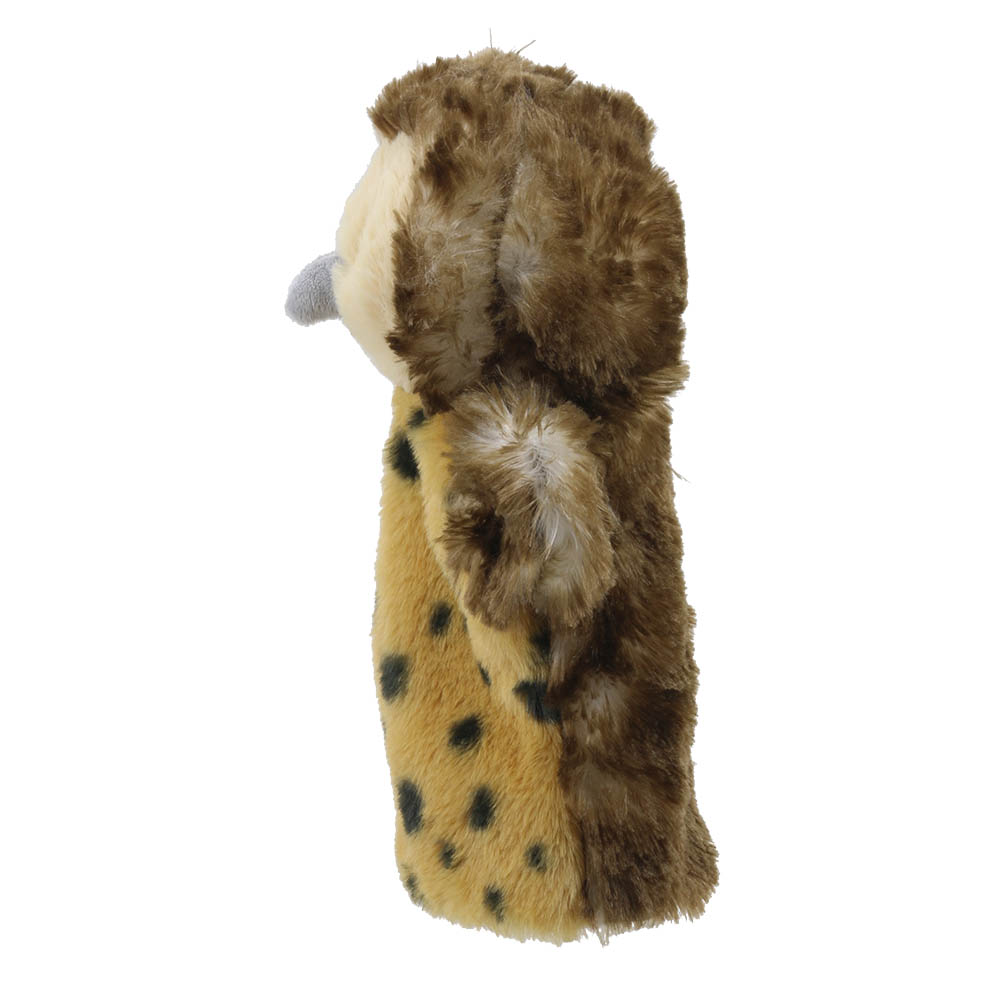 The Puppet Company Baby-Handpuppe Eule, Seitenansicht mit braunem Gefieder und gelben Augen