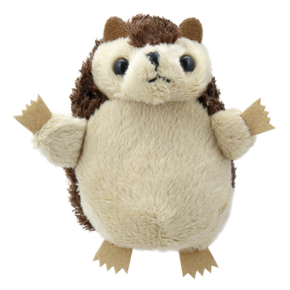 The Puppet Company finger puppet hedgehog, round cream-coloured finger puppet with a brown spiky back