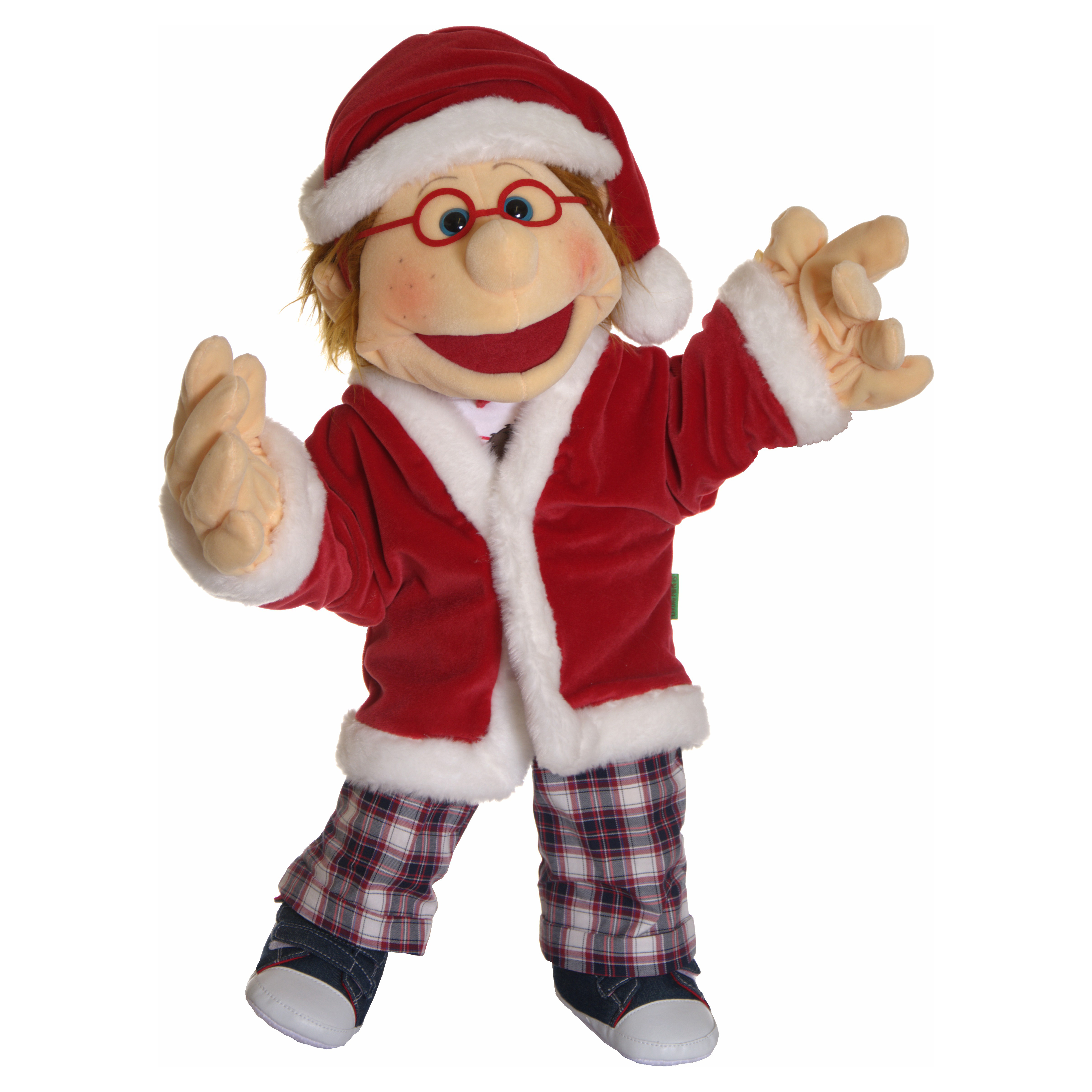 Living Puppets Weihnachtsmann-Kleidungsset an einer Handpuppe mit Brille, die Arme einladend ausgebreitet