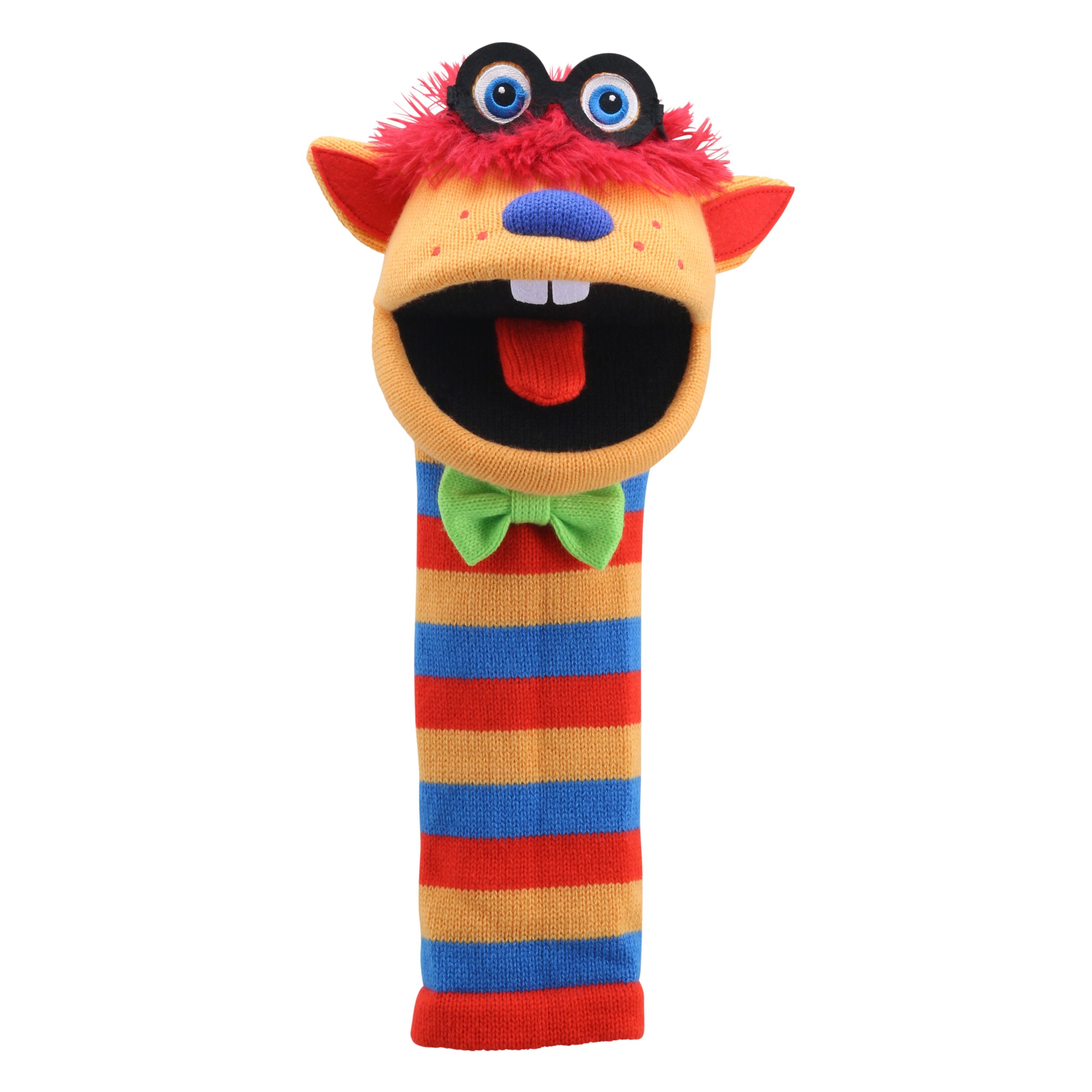 The Puppet Company sock puppet Humphrey, orange monster with red tufty hair, glasses, a bow tie and a striped body