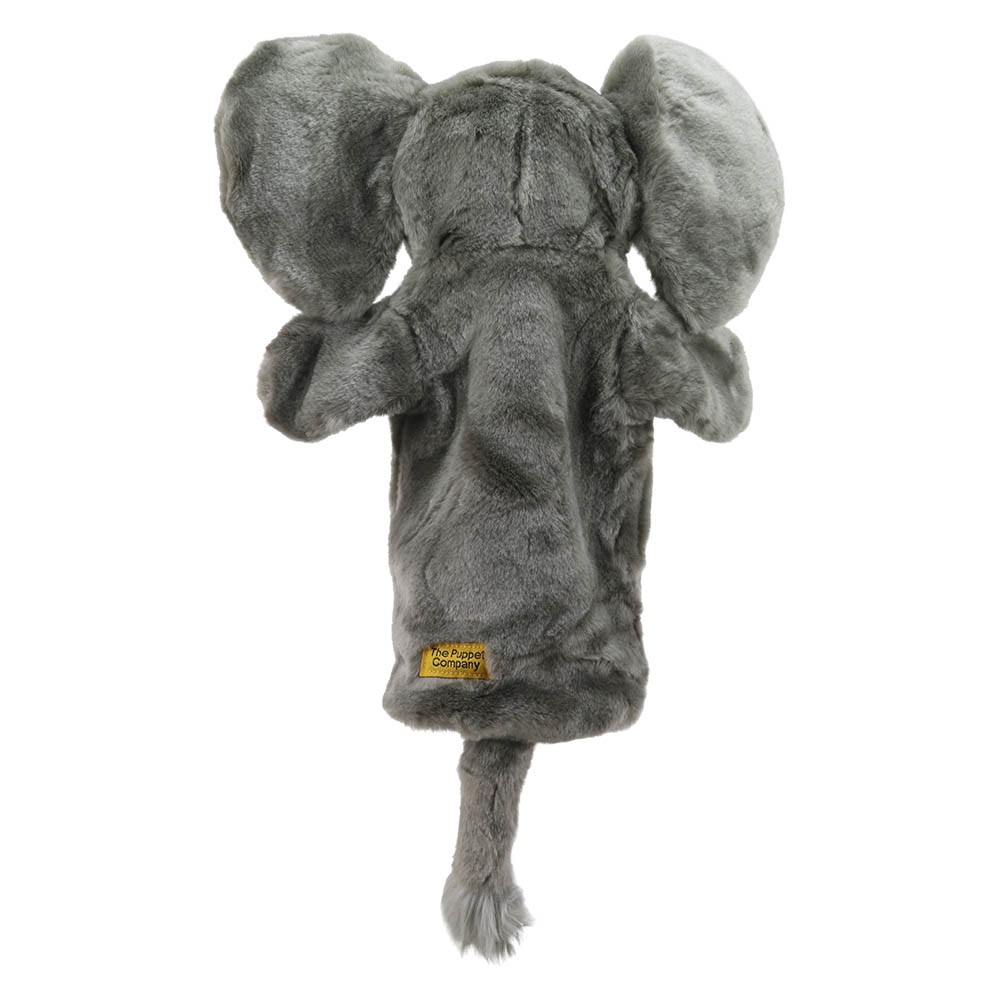 The Puppet Company Baby-Handpuppe Elefant, graue Elefanten-Handpuppe mit Herstelleretikett, Rückansicht