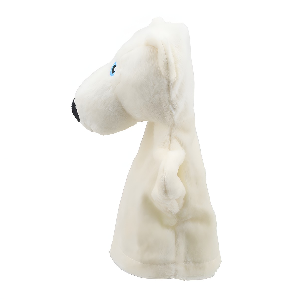 The Puppet Company baby hand puppet polar bear, cream-white puppet with blue eyes, side view
