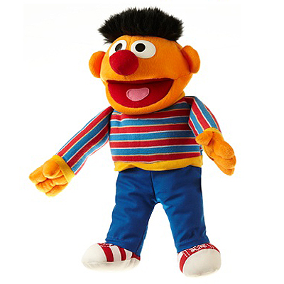 Living Puppets hand puppet Mini Ernie from Sesame Street with an orange head, striped shirt, blue trousers and trainers