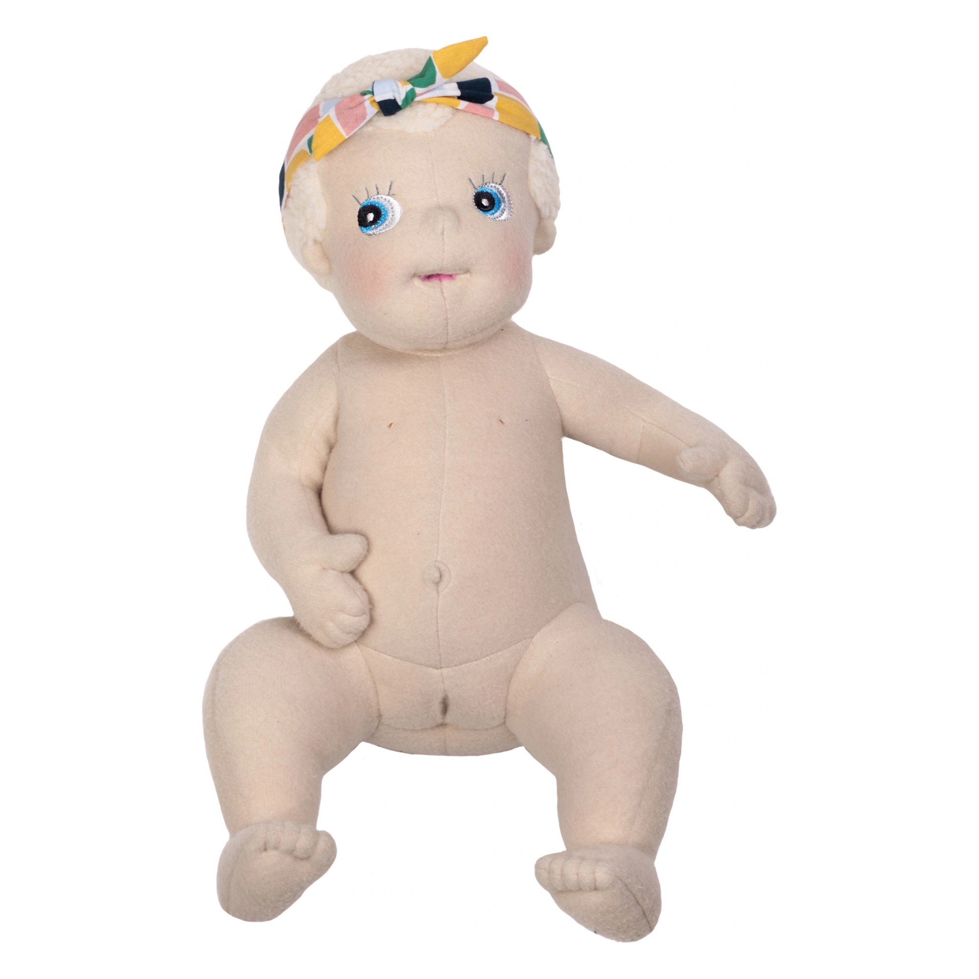 Rubens Barn baby doll Esme undressed with colourful headband, sitting