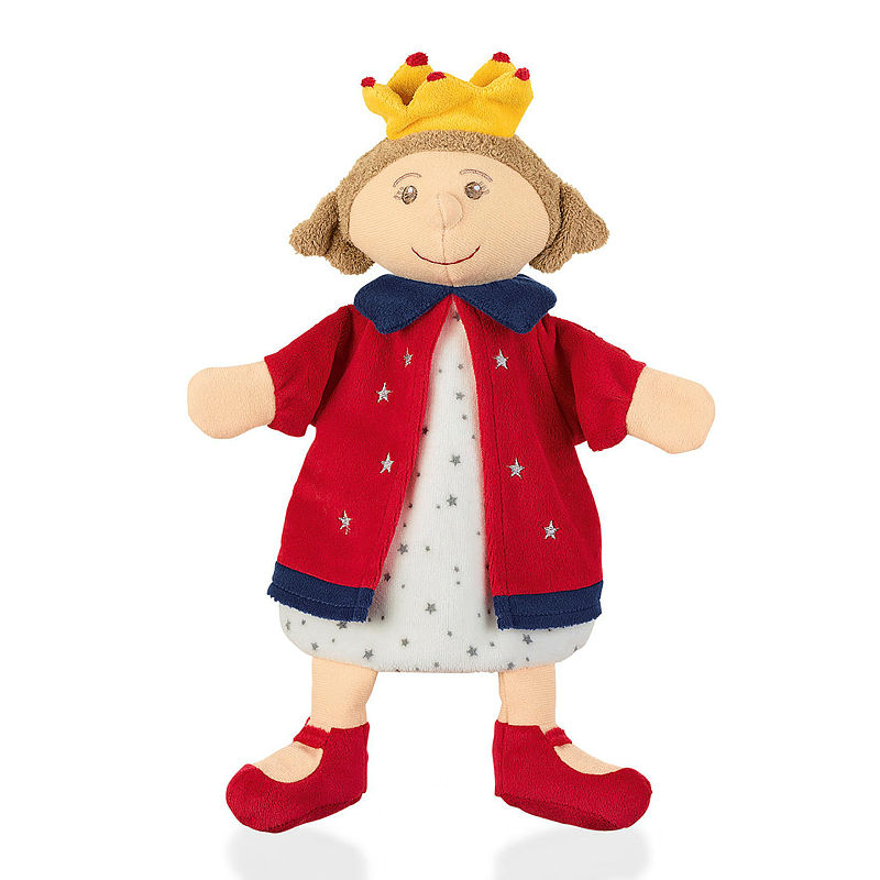 Sterntaler baby hand puppet queen, yellow crown, red coat with a blue collar and a star-embroidered dress