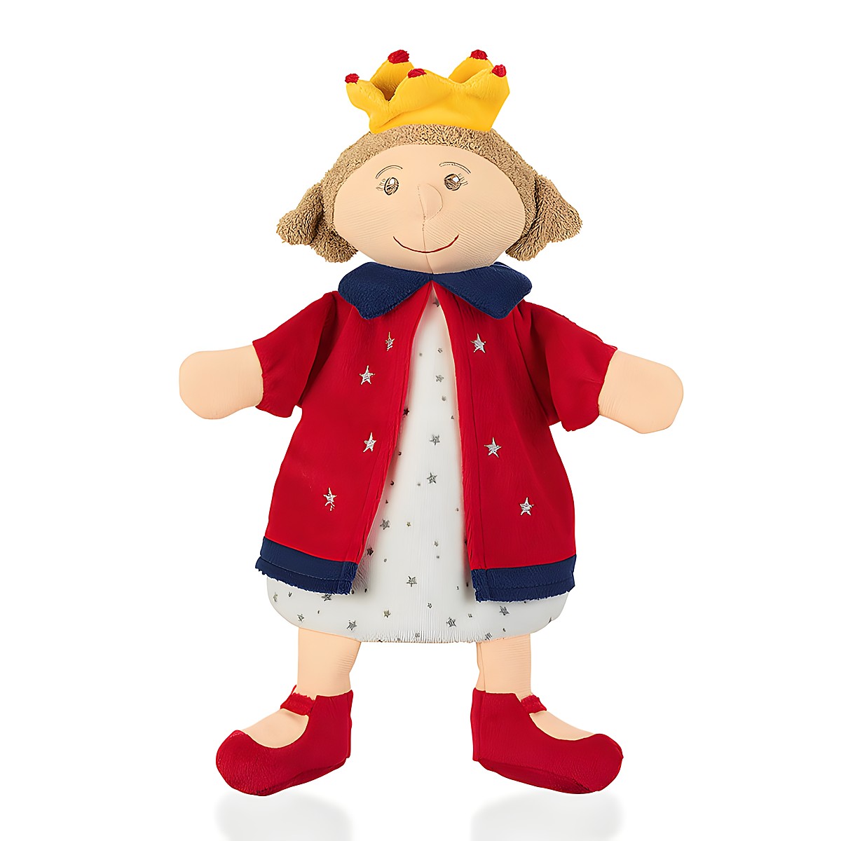 Sterntaler Baby-Handpuppe Königin, gelbe Krone, roter Mantel mit blauem Kragen und sternbesticktem Kleid