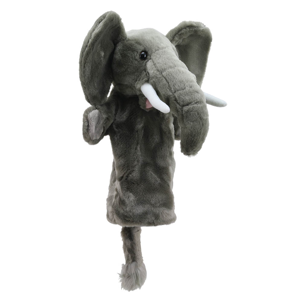The Puppet Company Baby-Handpuppe Elefant, graue Elefanten-Handpuppe mit angewinkeltem Rüssel, Seitenansicht