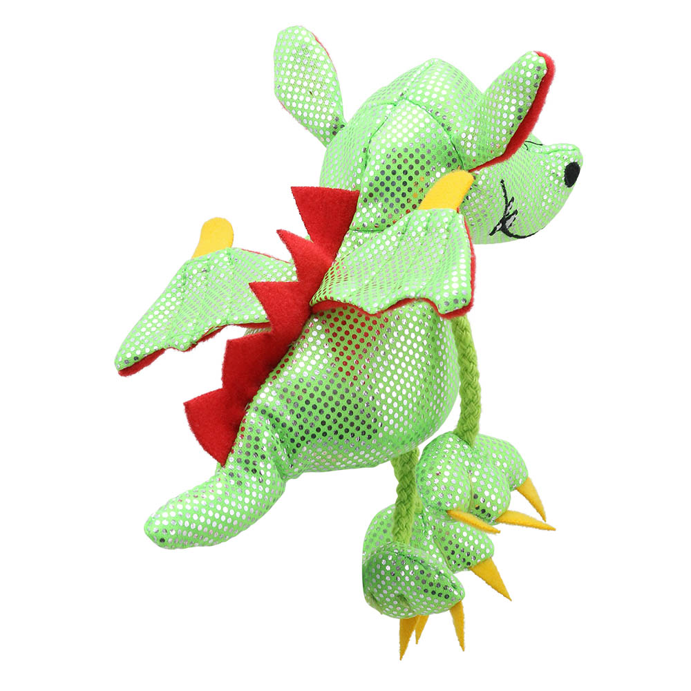 The Puppet Company Fingerpuppe Grüner Drache, grüne glitzernde Fingerpuppe mit roten Flügeln, Rückansicht