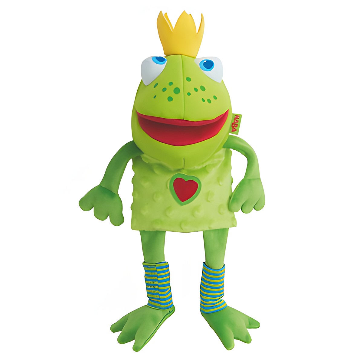 HABA Baby-Handpuppe Froschkönig, grüner Frosch mit gelber Krone, rotem Herz auf der Brust und blau-grün gestreiften Füßen