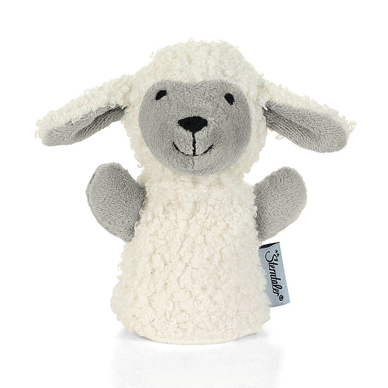 Sterntaler Fingerpuppe Schaf Stanley, cremefarbenes Lockenfell mit grauem Gesicht und großen Schlappohren
