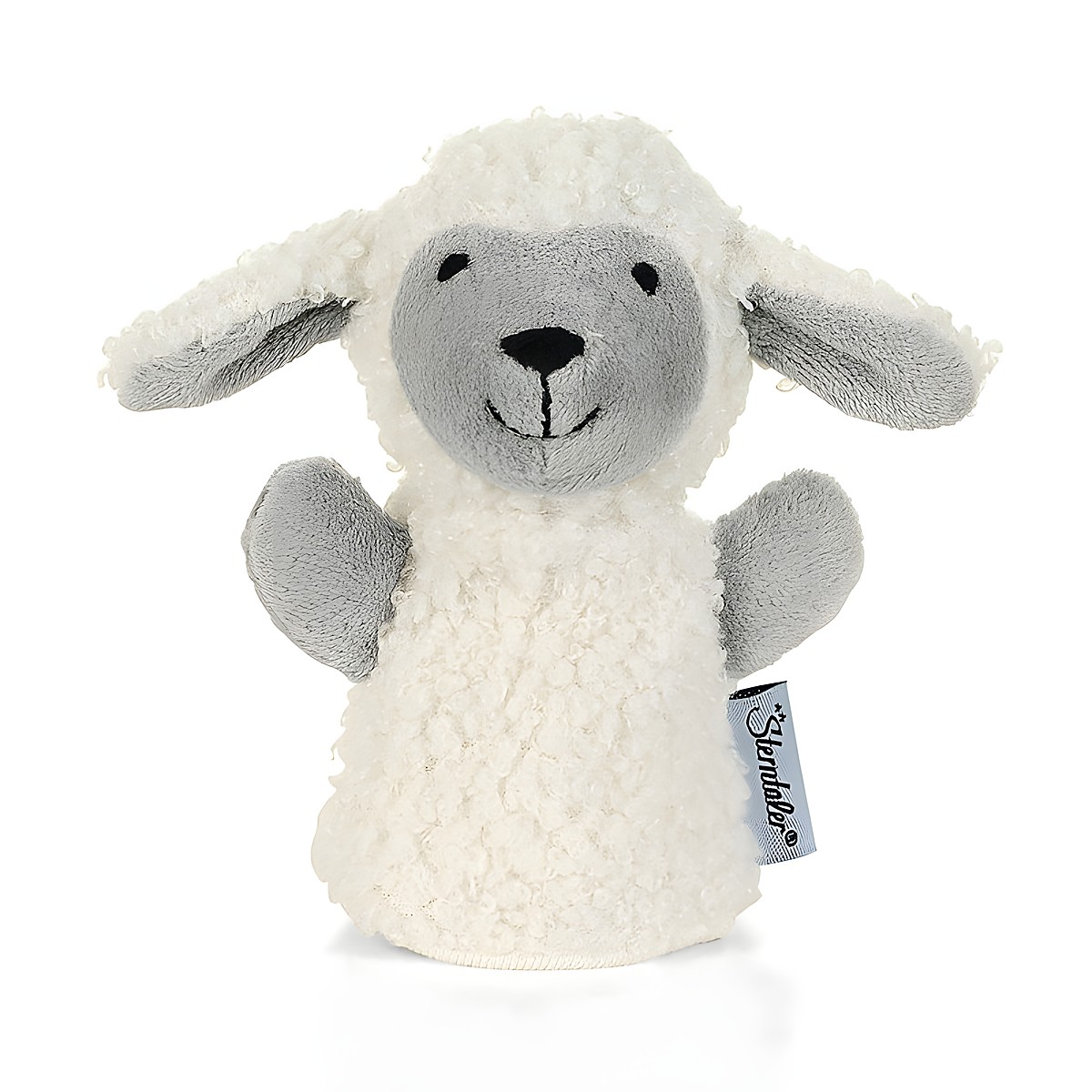 Sterntaler finger puppet sheep Stanley, cream-coloured curly fur with a grey face and large floppy ears