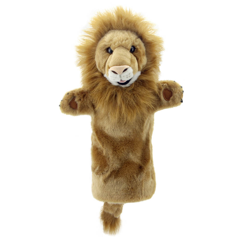 The Puppet Company baby hand puppet lion, light brown lion puppet with a shaggy golden mane
