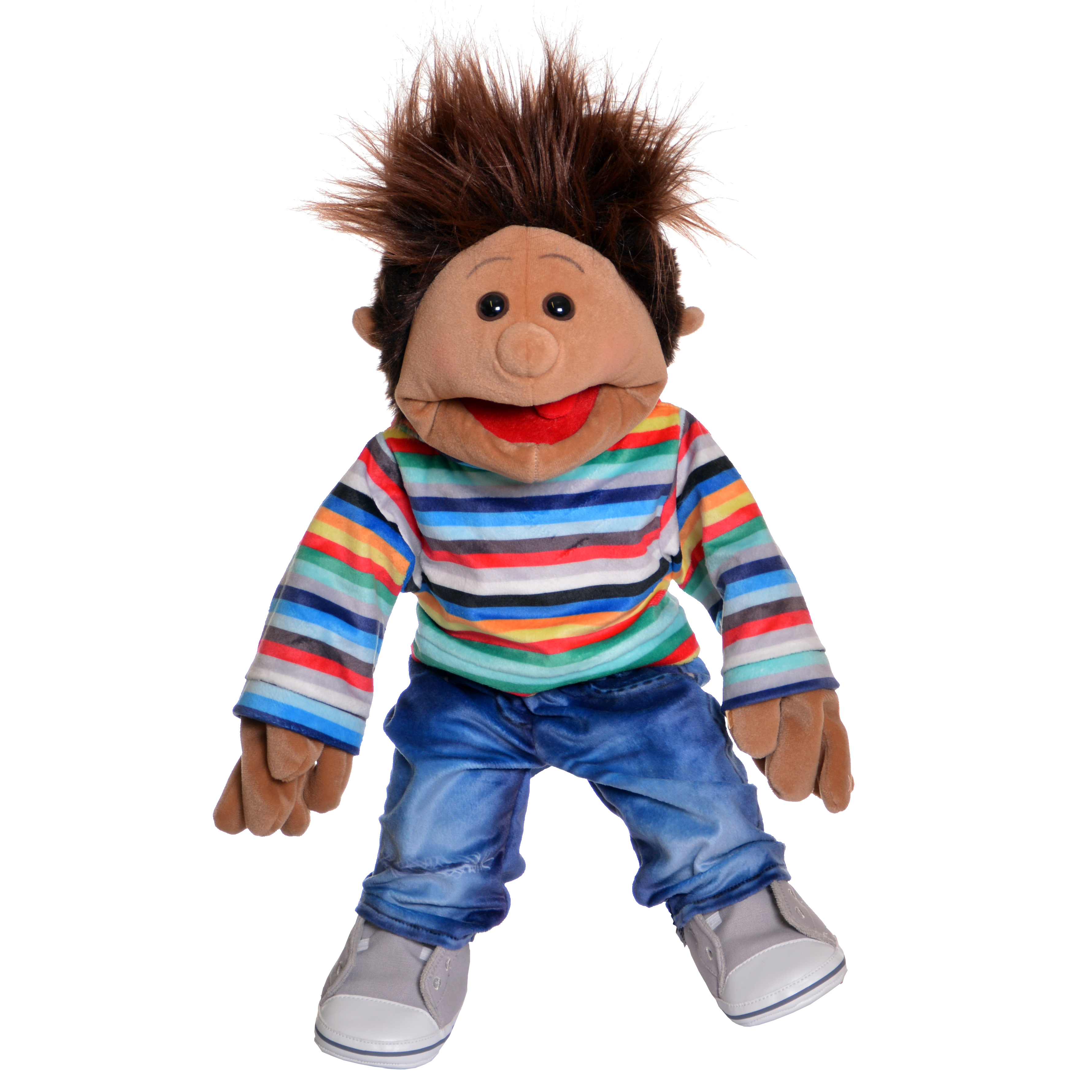 Living Puppets Handpuppe Johann mit Strubbelhaar, buntem Streifenshirt und Jeans