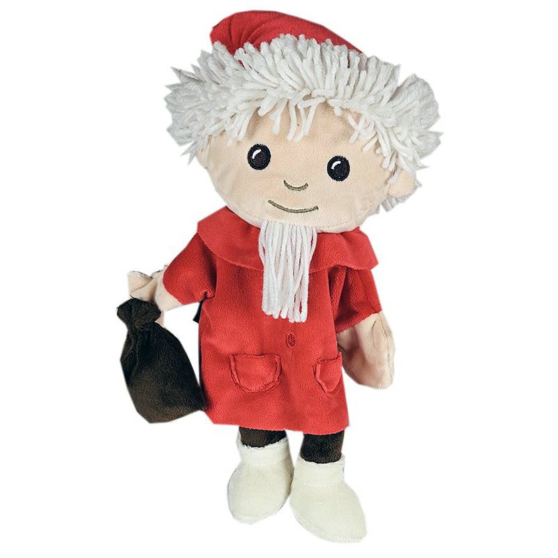 Heunec hand puppet Sandmaennchen, plush puppet in a red coat with pointed cap, white beard and holding a black sack