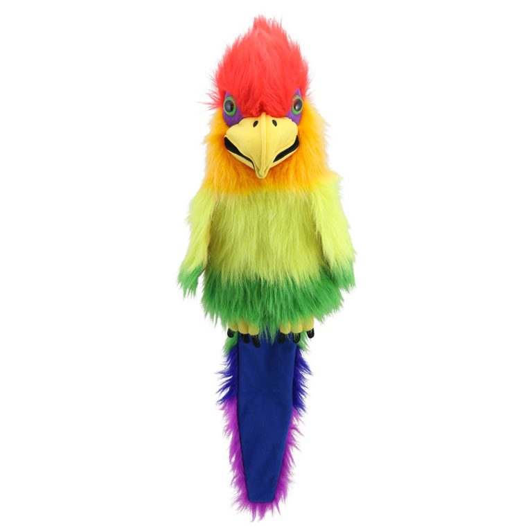 The Puppet Company Handpuppe Regenbogenvogel mit Geräusch, Vogel mit rotem Kopf, gelb-grünem Gefieder und blauem Federschwanz
