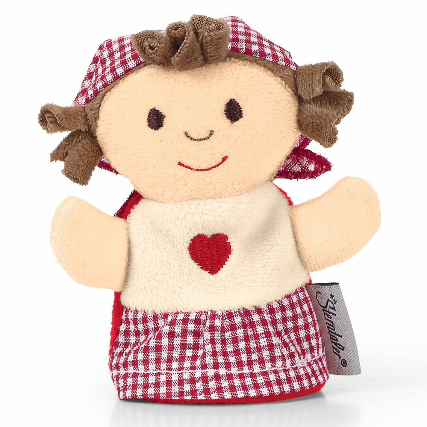 Sterntaler Fingerpuppe Gretel, braune Locken mit kariertem Kopftuch und rotem Herz auf cremefarbenem Oberteil