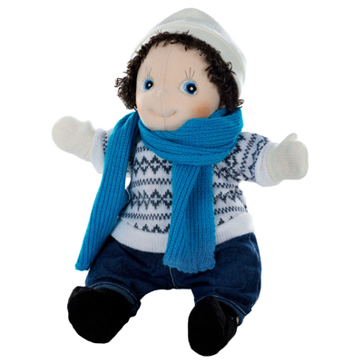 Rubens doll in a Nordic jumper with blue scarf and white mittens from the winter set