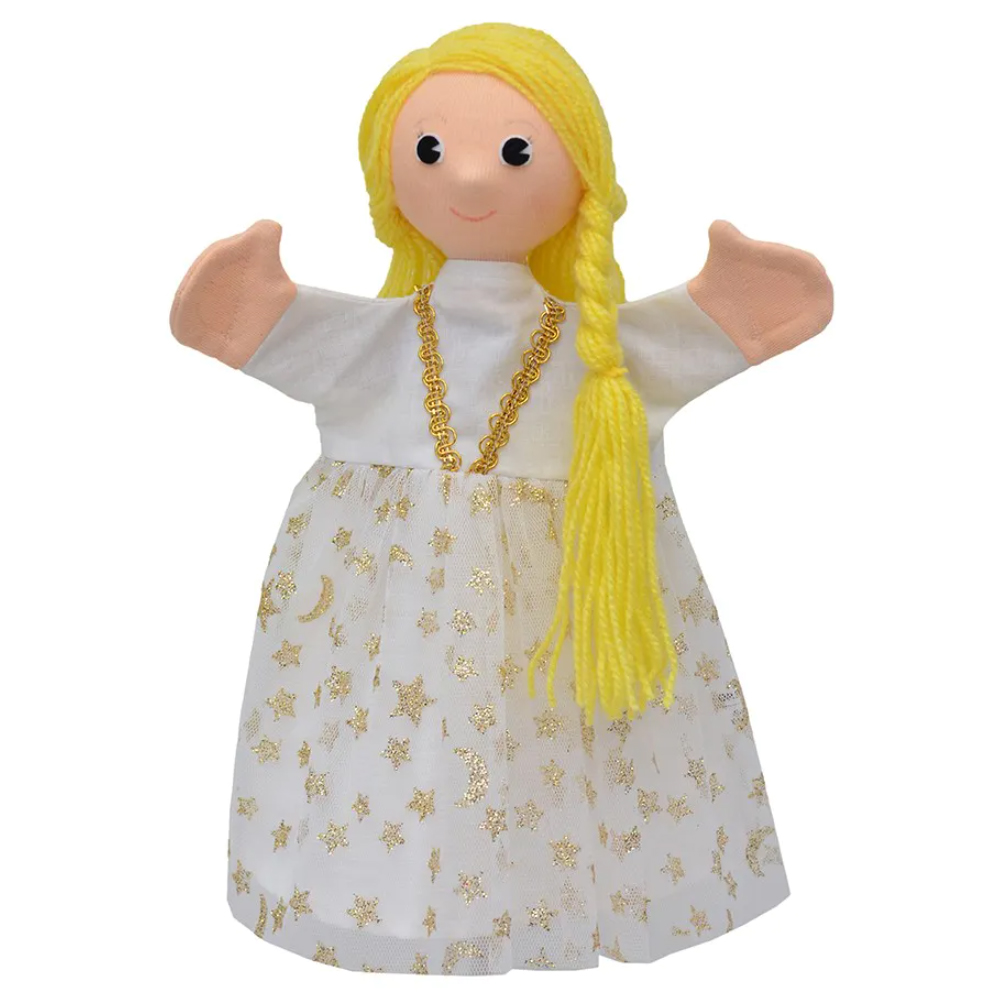 Kasperlepuppe Cinderella von munabo mit langen blonden Haaren und weißem Kleid mit goldenen Sternen
