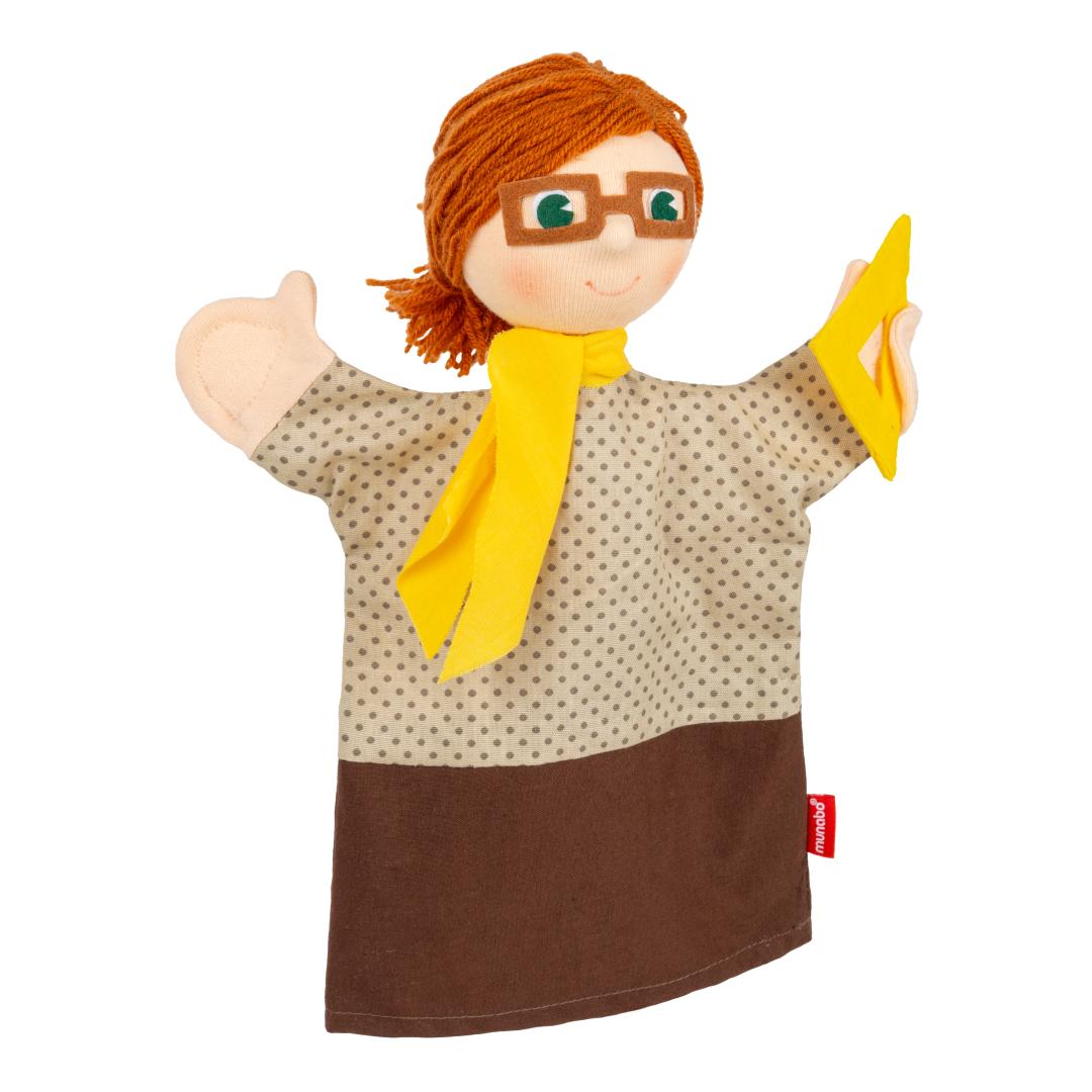 Kasperlepuppe Lehrerin von munabo mit Brille, orangefarbenem Haar, gelbem Schal und Winkel-Lineal