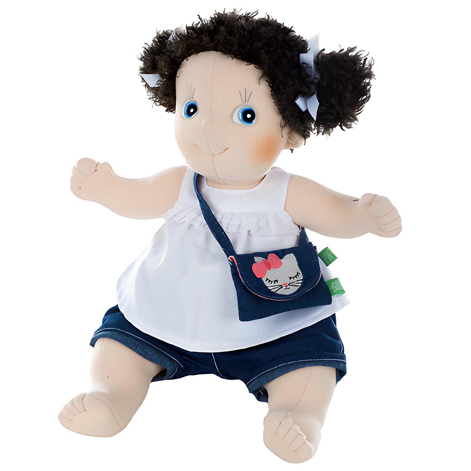 Rubens Puppe mit weißem Top, Jeans-Shorts und umgehängter Kitty-Tasche