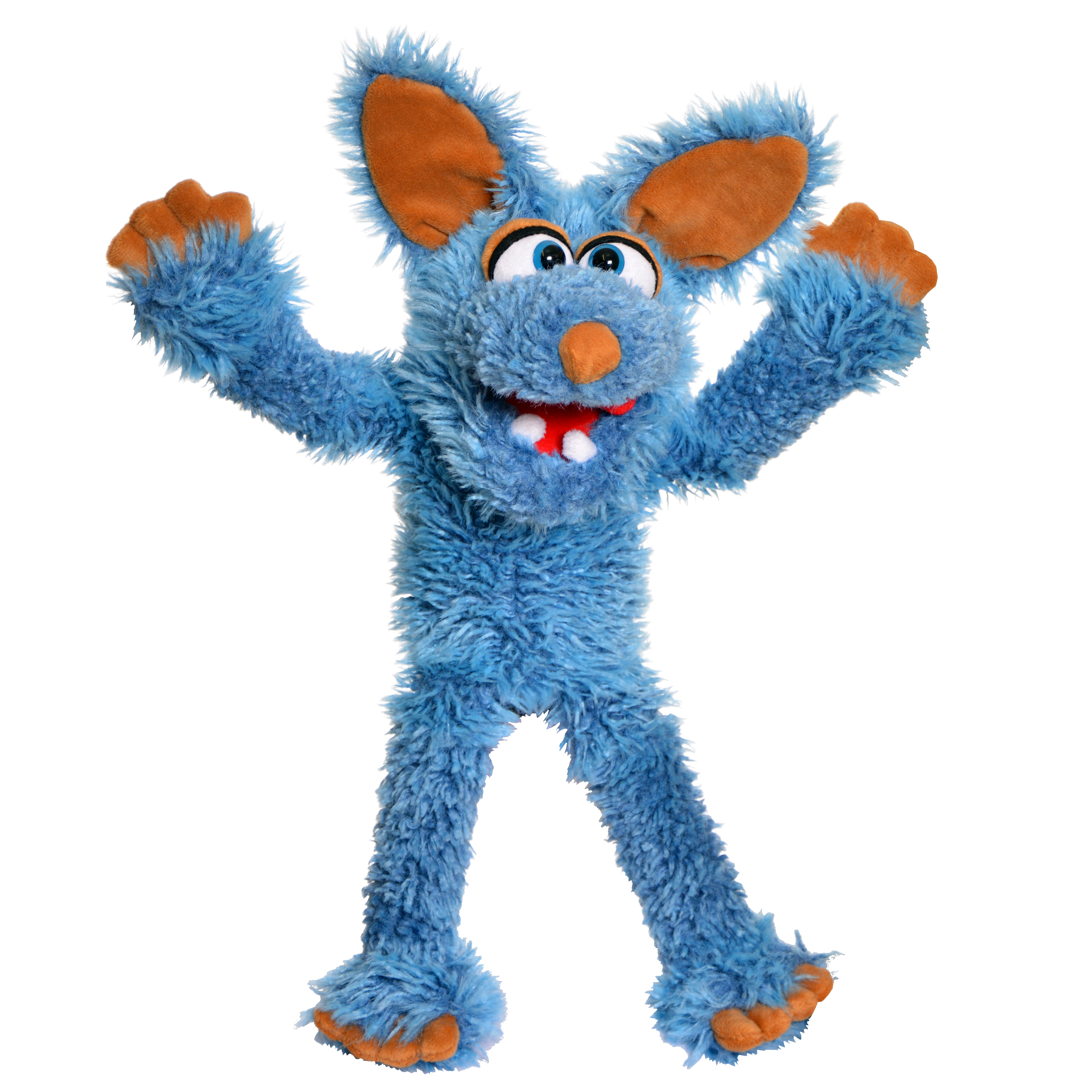 Living Puppets Handpuppe Klein Schlawenski, blauer Kojote mit großen orangefarbenen Ohren und Pfoten, Arme weit ausgebreitet