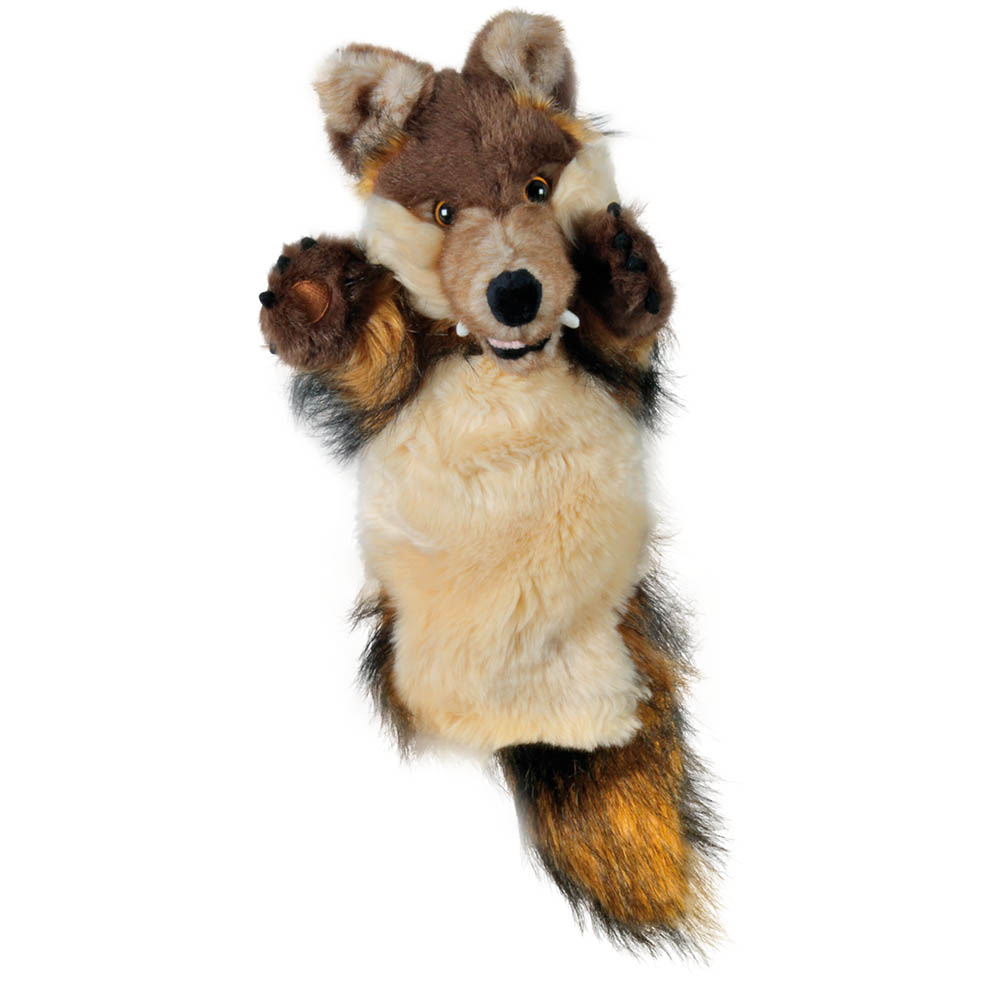 The Puppet Company baby hand puppet wolf, grey-brown wolf puppet with raised paws, front view