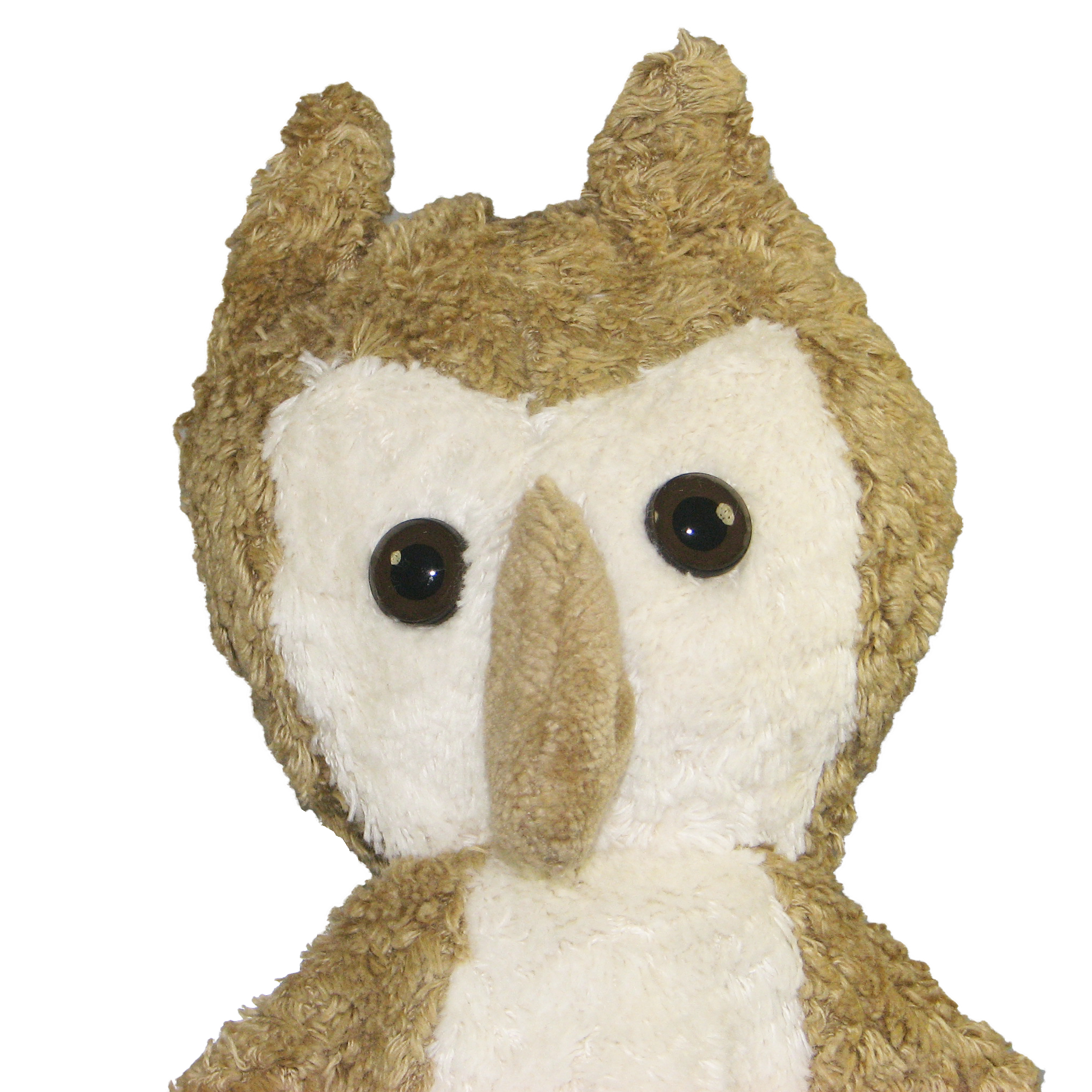 Kallisto Handpuppe Eule beige, Gesichtsnahaufnahme mit cremefarbener Gesichtsscheibe und dunklen Augen