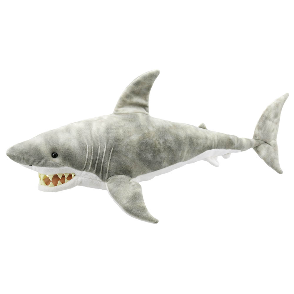The Puppet Company hand puppet shark, grey shark with an open mouth and sharp teeth, side view