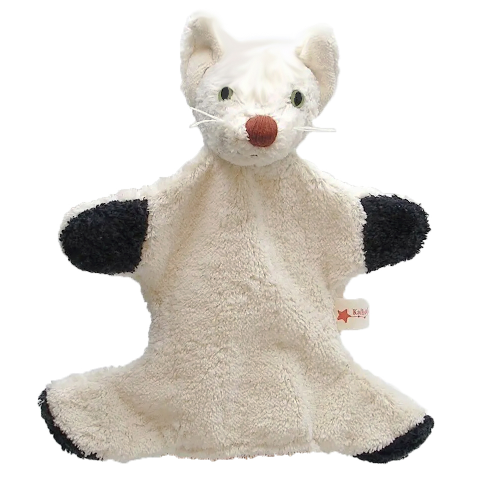 Kallisto Handpuppe Katze weiß, cremeweiße Handpuppe aus Naturmaterial mit schwarzen Pfoten und rosa Nase