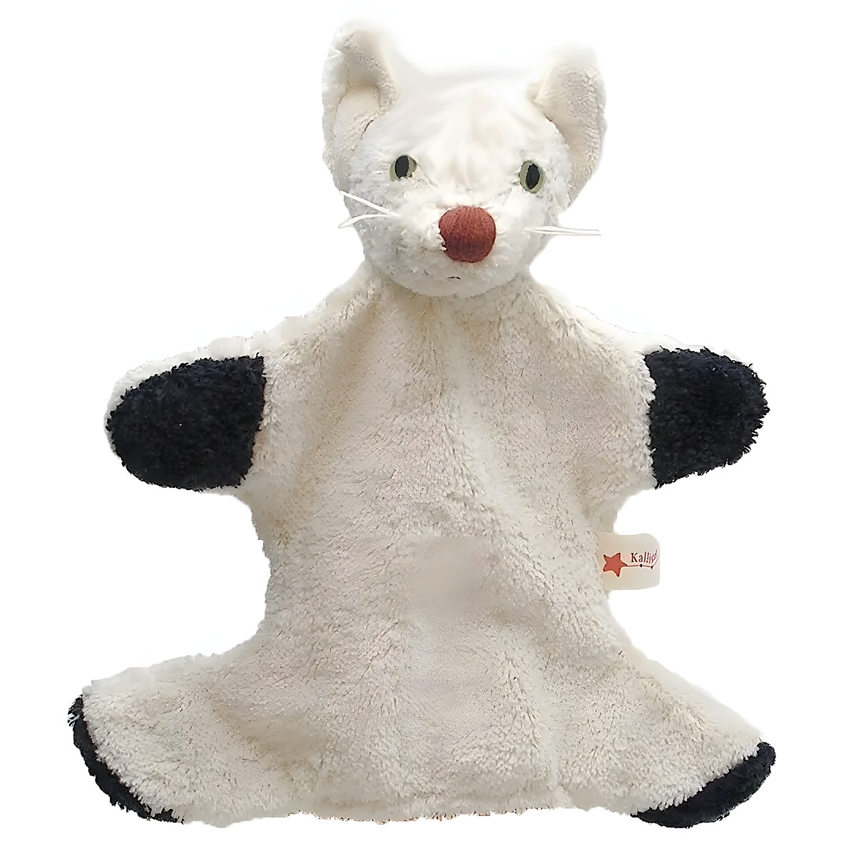 Kallisto Handpuppe Katze weiß, cremeweiße Handpuppe aus Naturmaterial mit schwarzen Pfoten und rosa Nase
