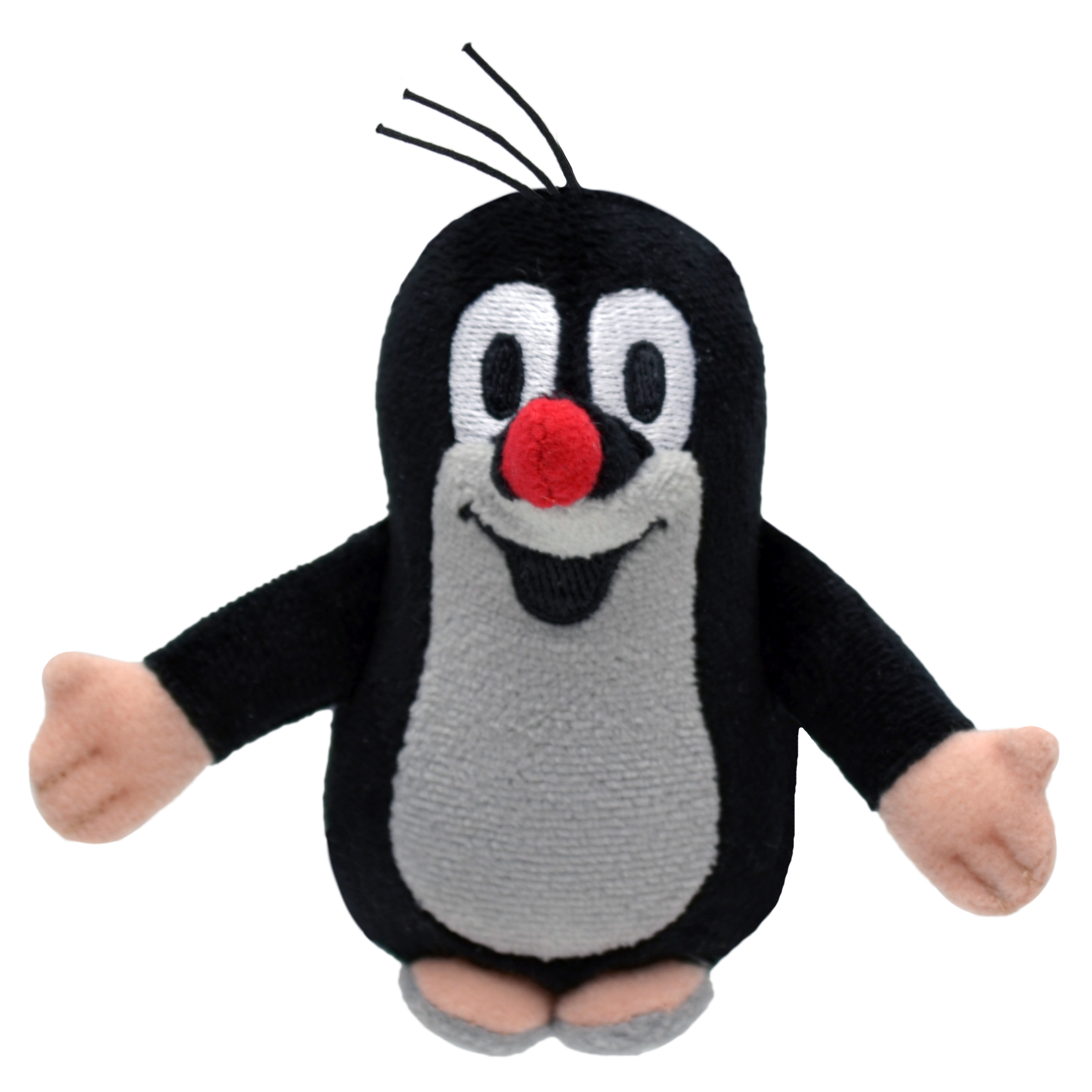 Fingerpuppe Der kleine Maulwurf von munabo, schwarz mit roter Nase, grauem Bauch und lachendem Gesicht