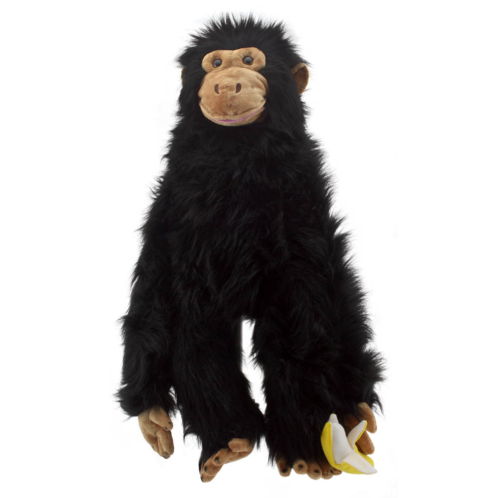 The Puppet Company giant hand puppet chimpanzee, black ape puppet with a beige face holding a banana