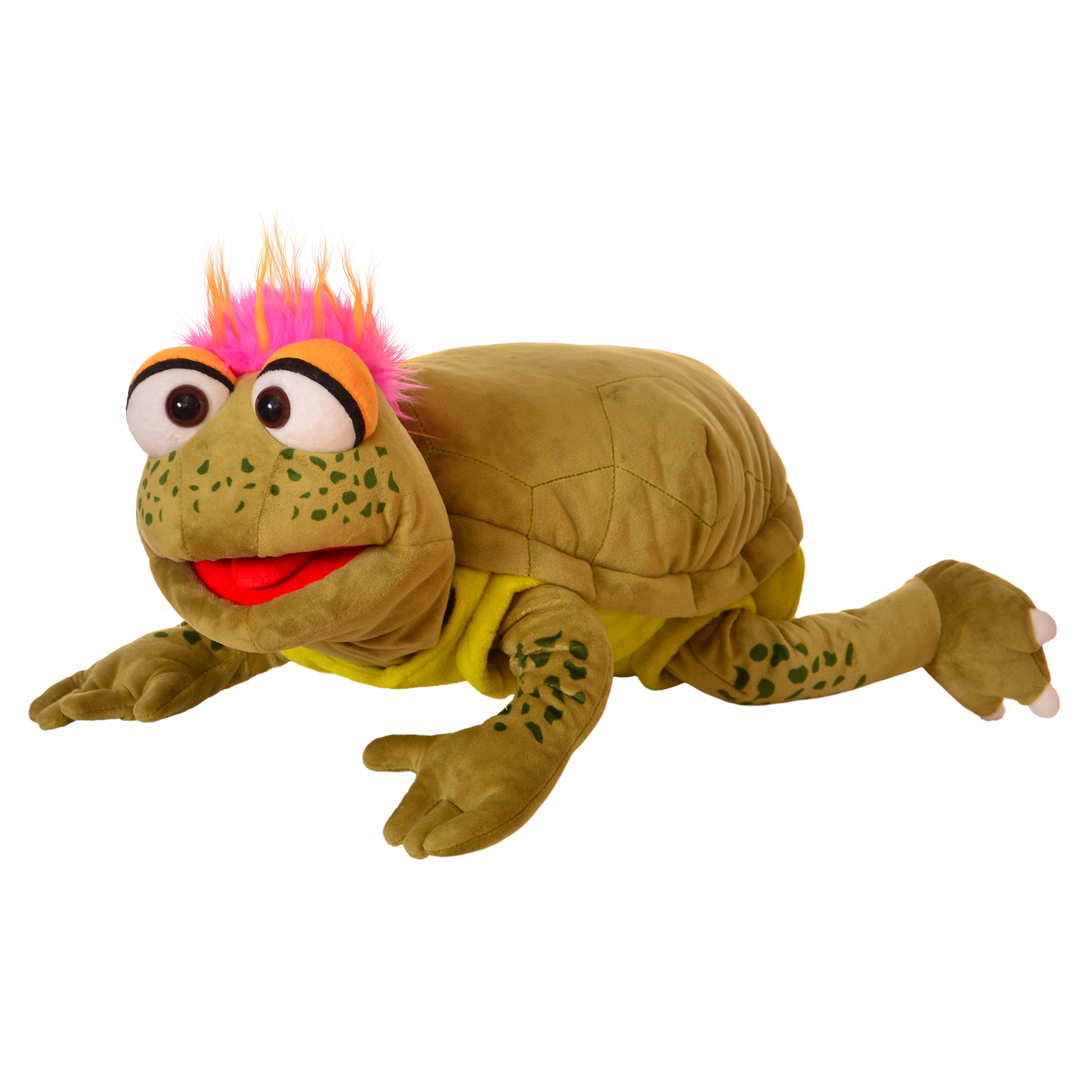 Living Puppets hand puppet Slow Moe the turtle with its shell in a crawling pose, open red mouth, side view