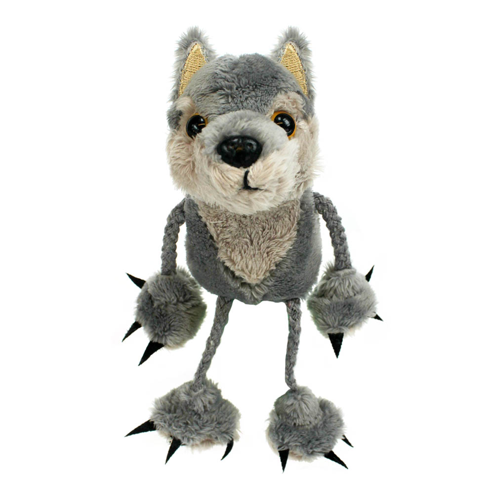 The Puppet Company Fingerpuppe Wolf, graue Puppe mit spitzen Ohren und langen Stoffbeinen