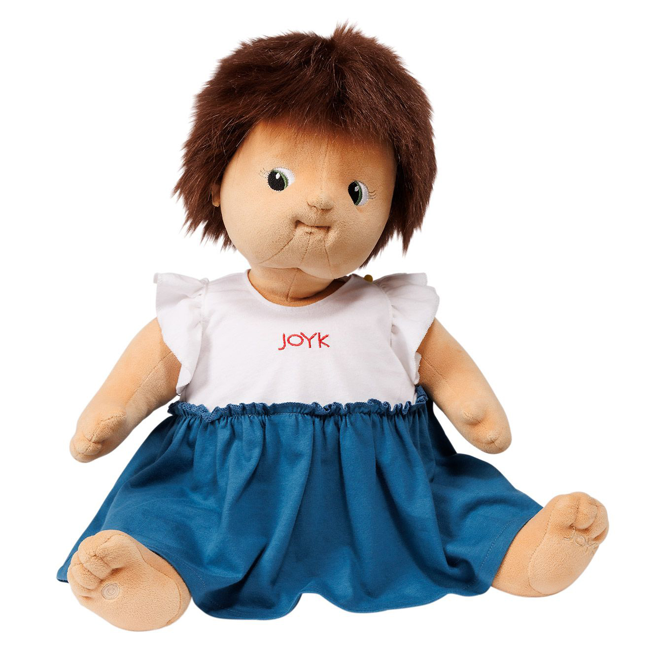 Joyk Empathiepuppe Mandy mit braunem Wuschelhaar und weiß-blauem Kleid, sitzend